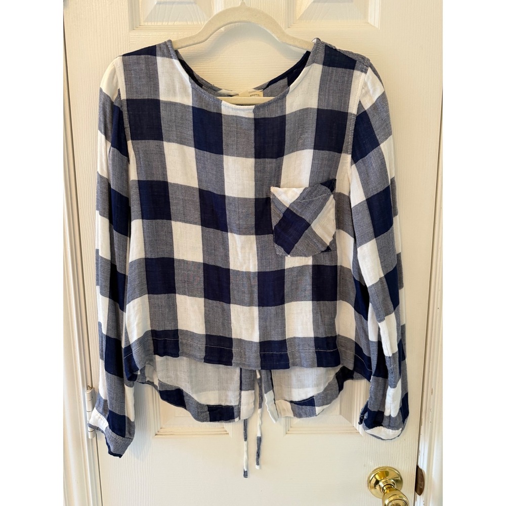 Cloth & Stone Plaid Button Down Blouse Long Sleeve Tie Back Casual Top Lace Back
